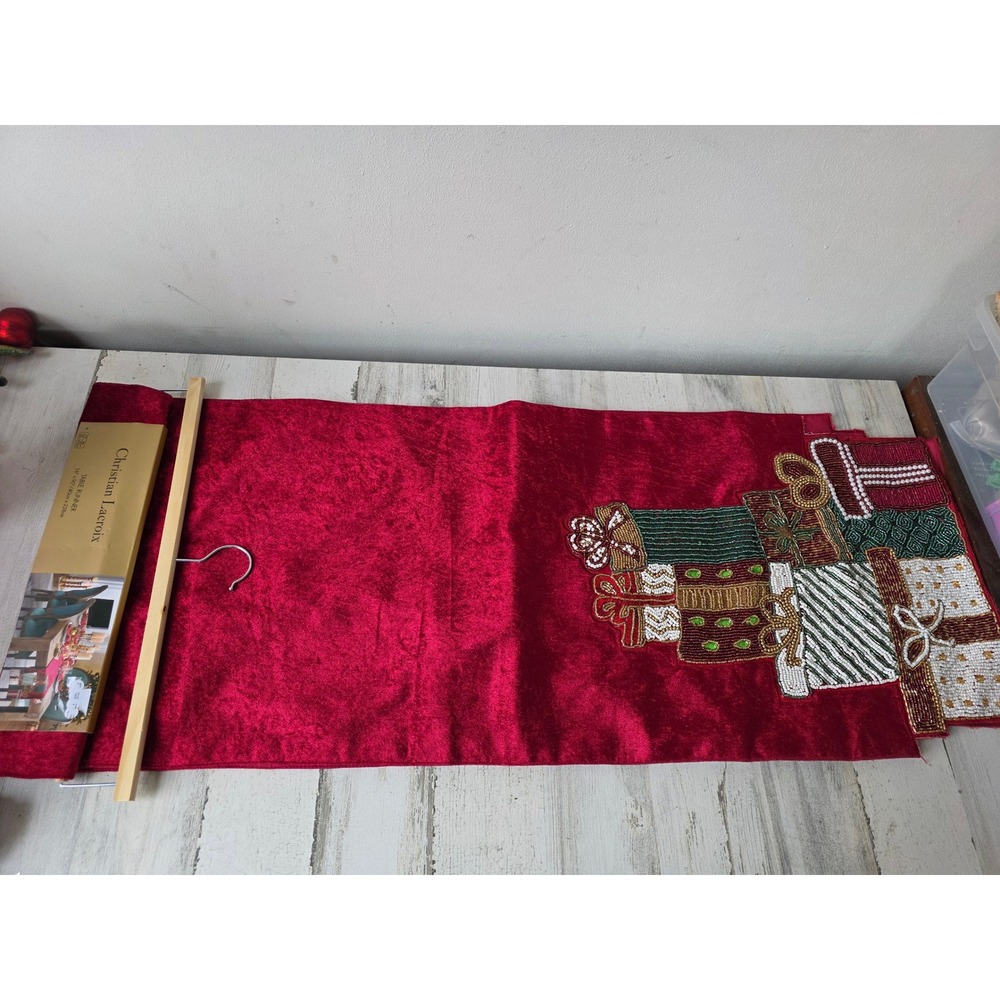Christian LaCroix red velvet beaded present Xmas table‎ runner new